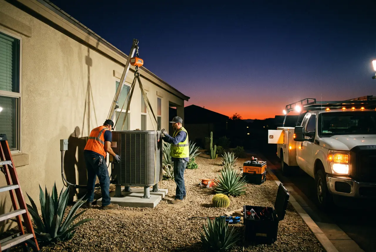 Two technicians lowering a new outdoor condenser onto a concrete pad beside an Arizona home at dusk