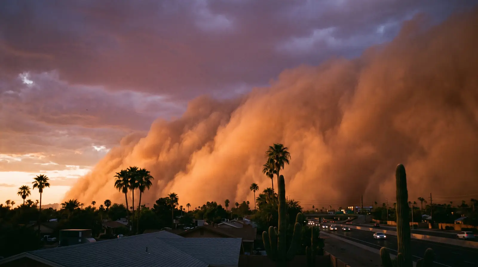 A monsoon dust wall rolling over a Phoenix suburb at sunset